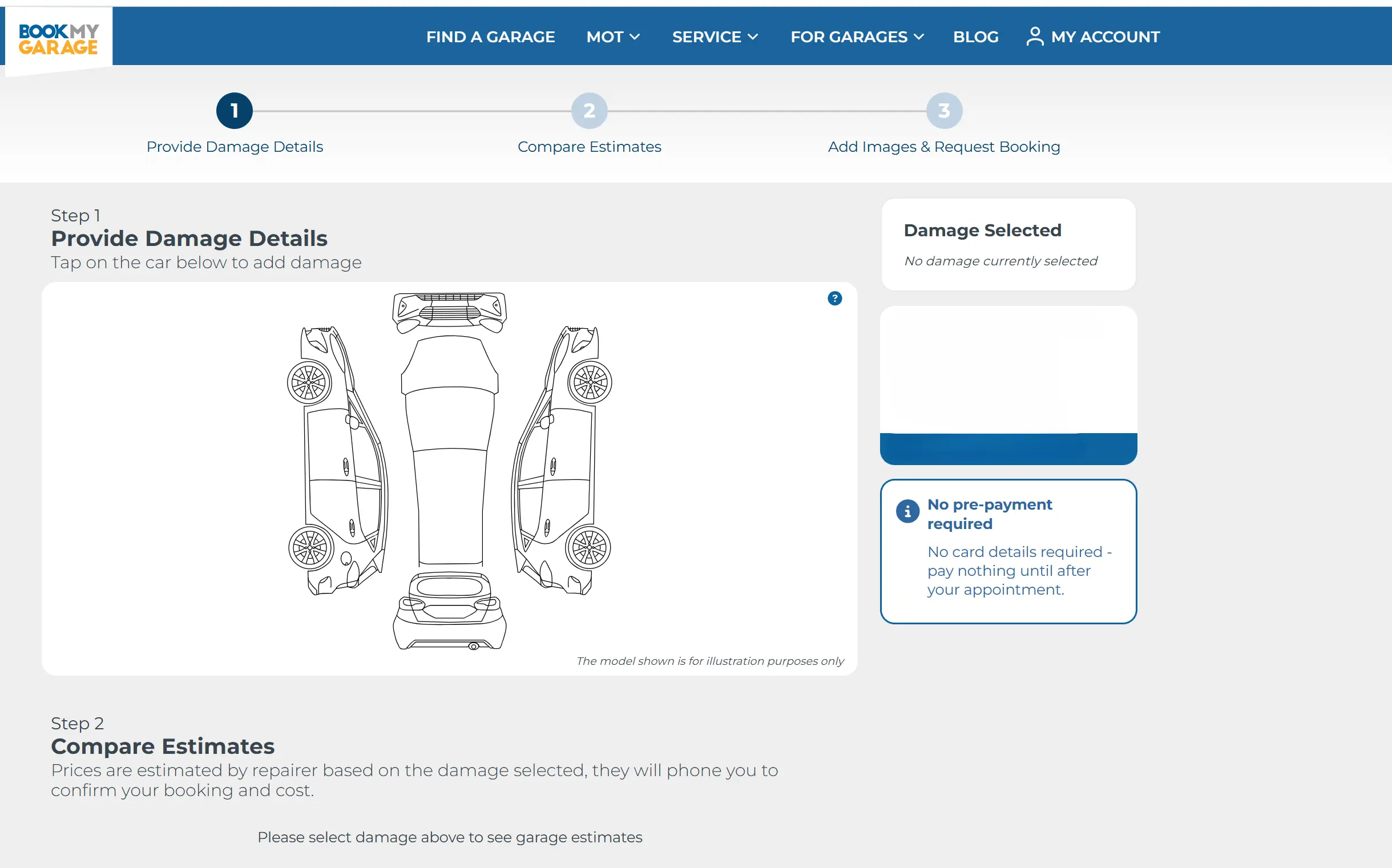 BookMyGarage splat tool of deconstructed car showing drivers how to select the damage for their alloy wheel repair booking